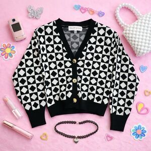 Willow & Wind Cropped Cardigan Sweater Medium Black White Checker Button Up